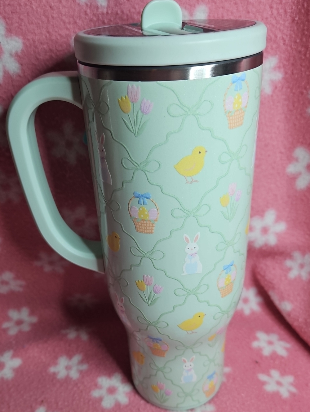 Mint Travel Mug with Easter Bunny & Chick Pattern